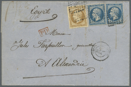 Br Ägypten: 1861, Alexandria, Incoming Mail From Lyon/France, Empire Nd 10c. Bistre And Two Copies 20c. Blue, 50c. Rate  - 1915-1921 Protectorat Britannique