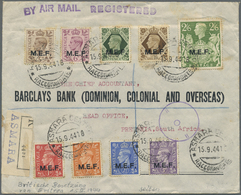 Br Britische Militärpost II. WK: 1943, "M.E.F." KGVI 5 P. - 2Sh6P On Registred Airmail Bank-envleope (some Stains - Altri & Non Classificati