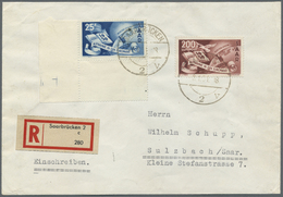 Br Saarland (1947/56): Europarat Kpl. Auf R-Brief, Vor Allem Wegen Der 200 Fr. Flugpostmarke Sehr Selte - Unused Stamps