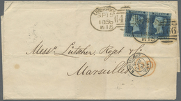 Br Großbritannien - Stempel: 1856. Envelope (folds) Addressed To France Bearing SG 35, 2d Blue (pair) Tied By Liv - Storia Postale