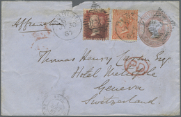 GA Irland: 1867. Postal Stationery Envelope 1d Pink (faults,tears) Upgraded With SG 43, 1d Rose/red And SG 94, 4d - Storia Postale