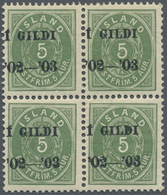 ** Island: 1902, Gildi Overprints, 5a. Green, Perf. 12¾, BLACK Overprint, Block Of Four, Bright Colour, Well Perf - Autres & Non Classés