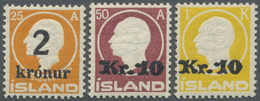 ** Island: 1924/1926, Drei Aufdruckwerte Mit 2 Kr. Auf 25 A. Orange, 10 Kr. Auf 50 A. Lilarot Bzw. Auf 1 Kr. Gelb - Other & Unclassified