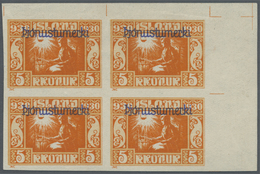 **/* Island - Dienstmarken: 1930, 5 Kr. Allthing With Overprint IMPERFORATED In Upper Right Corner Block Of 4, 2 Up - Officials