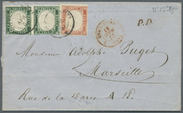 Br Italien - Altitalienische Staaten: Sardinien: 1857, 5c. Dark Emerald Green Horiz. Pair, Cut Into At Base Other - Sardinia