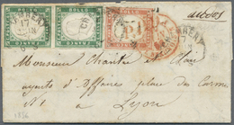 Br Italien - Altitalienische Staaten: Sardinien: 1856, 40c. Red And Two 5c. Blueish Green On Folded Envelope Tied - Sardinia