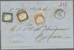 Br Italien - Altitalienische Staaten: Sardinien: 1858, 40c. Red, 10c. Deepbrown And 20c. Blue On Folded Envelope - Sardinia