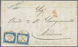 Br Italien - Altitalienische Staaten: Sardinien: 1856, Two 20c. Blue On Folded Envelope Tied By Clear "TORINO 17/ - Sardaigne
