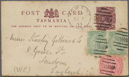 GA Tasmanien: 1885. Postal Stationery Card 1d Purple (small Stains) Upgraded With SG 144, 1d Rose And SG 145, 2d Green ( - Storia Postale