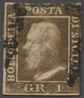 O Italien - Altitalienische Staaten: Sizilien: 1859, 1 Gr. Oliv Brown With Retouch From Pos. 16, Used With Some - Sicily