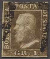 O Italien - Altitalienische Staaten: Sizilien: 1859, 1 Gr. Oliv Brown With Retouch From Pos. 16, Used With Some - Sicile