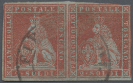 O Italien - Altitalienische Staaten: Toscana: 1851, 2so. Red On Bluish Paper, Horiz. Pair, Fresh Colour, Partly - Toscana