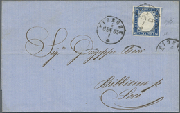 Br/ Italien: 1863, 15 C Blue "Tipo Sardo", Single Franking On Folded Letter Cover From FIRENZE, 1 GEN 1863, To Bib - Marcophilie