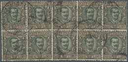 O Italien: 1910, 10 L. Olive Rose Cancellaed Block Of Ten, Few Perfs Apart, Fine And Scarce, Sassone Catalogue V - Marcophilie