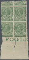 ** Italien: 1906. Lower Margin Block Of 4 "5c Green Victor Emmanuel III" With Shifted And Curved Perforation. Min - Marcophilia