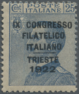 ** Italien: 1922, Philatelic Congress, 25c. Blue Showing Overprint Variety "3rd Line Of Overprint Shifted Towards - Storia Postale