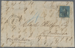 Br Barbados: 1861. Envelope (tears) Addressed To Dominica Bearing SG 18, (1d) Pale Blue Tied By '1' In Obliterator With  - Barbades (1966-...)