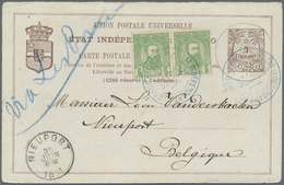 GA Belgisch-Kongo: 1891, ´5 Centimes Stat. Card With Additional Franking Of A Horizontal Pair 5 C. Leopold II Sent From  - Altri & Non Classificati