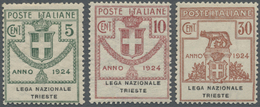 * Italien - Portofreiheitsmarken: 1924, LEGA NAZIONALE TRIESTE Issue Three Values 5c. , 10c. And 30c. Brown, Min - Franchigia