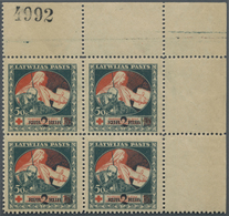 ** Lettland: 1921, Rotes Kreuz Überdrucke, Kpl. Serie Mit Blauem Rückseitendruck In Postfrischen 4er-Blocks, Dabe - Lettonia