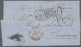 Br Chile: 1856, 10 C. Blue, Diagonally Bisected, Tied By Target Cancel To Folded Letter With Adjacent Red Cds. "SANTIAGO - Cile
