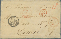 Br Chile: 1864, Stampless Folded Envelope Tied By Red Crown Mark "PAID AT VALPARAISO", Ms. "VIA PANAMA", Transit Mark Lo - Cile