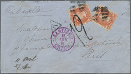 Br Chile: 1876. Envelope Addressed To France Bearing Chile Yvert 13, 5c Orange/red (2) Tied By Cork Cachet With Adjacent - Chile