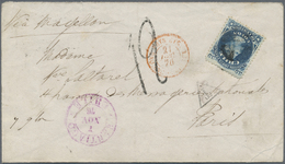 Br Chile: 1876. Envelope (stains) Addressed To France Bearing Chile Yvert 14. 10c Blue Tied By Cork Cancel With Adjacent - Cile