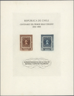 (*) Chile: 1953, 100 Jahre Chilenische Briefmarken: 2 Werte Ungezähnt Im Gedenkblatt Auf Ungummierten Papier Ohne Wasser - Chili