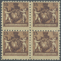 **/ Liechtenstein: 1921, Freimarken: Landeswappen Mit Putten 13 Rp. Braun, Gezähnt 9 ½, Tadellos Postfrischer Vier - Storia Postale