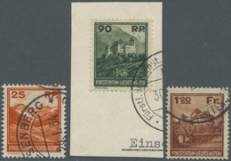 O Liechtenstein: 1933 Freimarken 25 Rp., 90 Rp. Und 1,20 Fr. Sauber Gestempelt, Dabei 90 Rp. Auf Briefstück. (Mi - Lettres & Documents