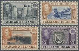 * Falklandinseln: 1938, KGVI Definitives Four Values 2s6d. Penguins To 1pd. Coat Of Arms Mint Very Lightly Hinged, Scarc - Falkland