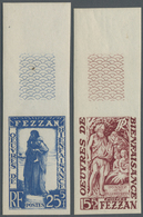 **/(*) Fezzan: 1951, Charity Issue, Both Values, Top Marginal IMPERFORATE Copies Unmounted Mint; And As Epreuve De Luxe. - Storia Postale