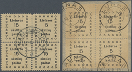 O Litauen: 1919, Freimarken Kaunas (I), Lot Von 2 Gestempelten 4er-Blöcken 15 Sk, Je Einmal Mit Fehldruck "5 Sta - Lituanie