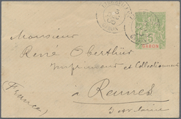 GA Gabun: 1905. Postal Stationery Envelope 5c Yellow Green Cancelled By Libreville Gabon Date Stamp Addressed To France  - Gabon (1960-...)
