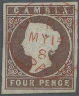 O Gambia: 1874, QV 4d. Brown With Wmk. Crown CC Imperforate With Good To Wide Magins Around Fine Used With Red 'GAMBIA P - Gambia (1965-...)
