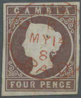 O Gambia: 1874, QV 4d. Brown With Wmk. Crown CC Imperforate With Good To Wide Magins Around Fine Used With Red 'GAMBIA P - Gambie (1965-...)