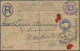 GA Goldküste: 1905. Soiled Registered Postal Stationery Envelope Two Pence Blue Upgraded With SG 50, 1d Purple And Carmi - Gold Coast (...-1957)