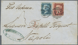 Br Malta: 1861 Folded Letter Sheet To Naples Franked By GB 2d., Plate 8, And 1d. Tied By "A/MALTA/MY 25/61"-"A25" - Malta
