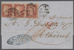 Br Malta: 1861, Vorläufer, Großbritannien 1 P. Dunkelrosa, Waagr. 3er-Streifen Auf Kabinettbrief, Sauberer Duplex - Malta