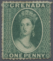 (*) Grenada: 1861-62 No Watermark, 1d. BLUISH GREEN, Unused Without Gum. A Fine Example Of This Very Rare Stamp. A Revie - Grenade (...-1974)