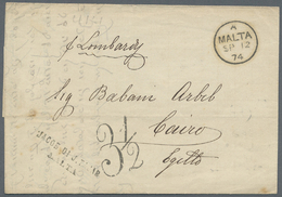 Br Malta: 1874. Stampless Envelope Written By 'Jacob Di J. Tajar' Addressed To Egypt Cancelled By Malta Date Stum - Malta