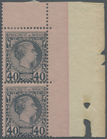 ** Monaco: 1885, 40 C Blue On Rose Vertical Corner Margin Pair, Hinge In Margin - Unused Stamps