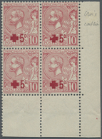 ** Monaco: 1914, 10 + 5 C Red Corner Margin Block Of Four, Stamp On Top Right With Overprint Flaw "red Cross Brok - Unused Stamps