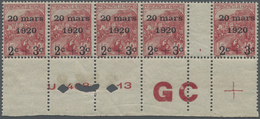 ** Monaco: 1920, 2 C+3 C On 15C+10C Carmine Gutter Pair In Horizontal Stripe Of Five With Bottom Margin With Prin - Unused Stamps