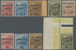 ** Monaco: 1920, 2C+3C To 5C+5C Overprint And 15C To 1Fr Complete (without 5Fr+5Fr), 1Fr Corner Margin With Ornam - Unused Stamps