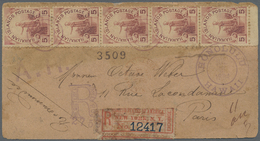 Br Hawaii: 1894, Monument Of King Kamehmeha I. 5 C. Carmine, Vertical Strip Of Five With Sheet Margins At Bottom, Tied B - Hawaï