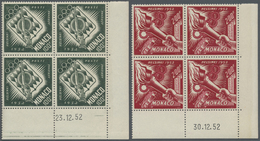 ** Monaco: 1953, 40 Fr To 200 Fr Flight Post Stamps In Blocks Of Four With Print Date On Corner Margin, Mint Neve - Neufs