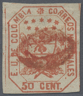 O Kolumbien: 1863, 50 C. In RED, Very Scare Varity Out Of The Sheet Of The 20 C.! Nice Copy With Full Margins, Centered  - Colombia