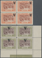 ** Kolumbien: 1951/1954, Country Scenes Airmail Issue Both 1p. Stamps In Blocks/4 With INVERTED Opt. 'A' (Avianca) Incl. - Colombia
